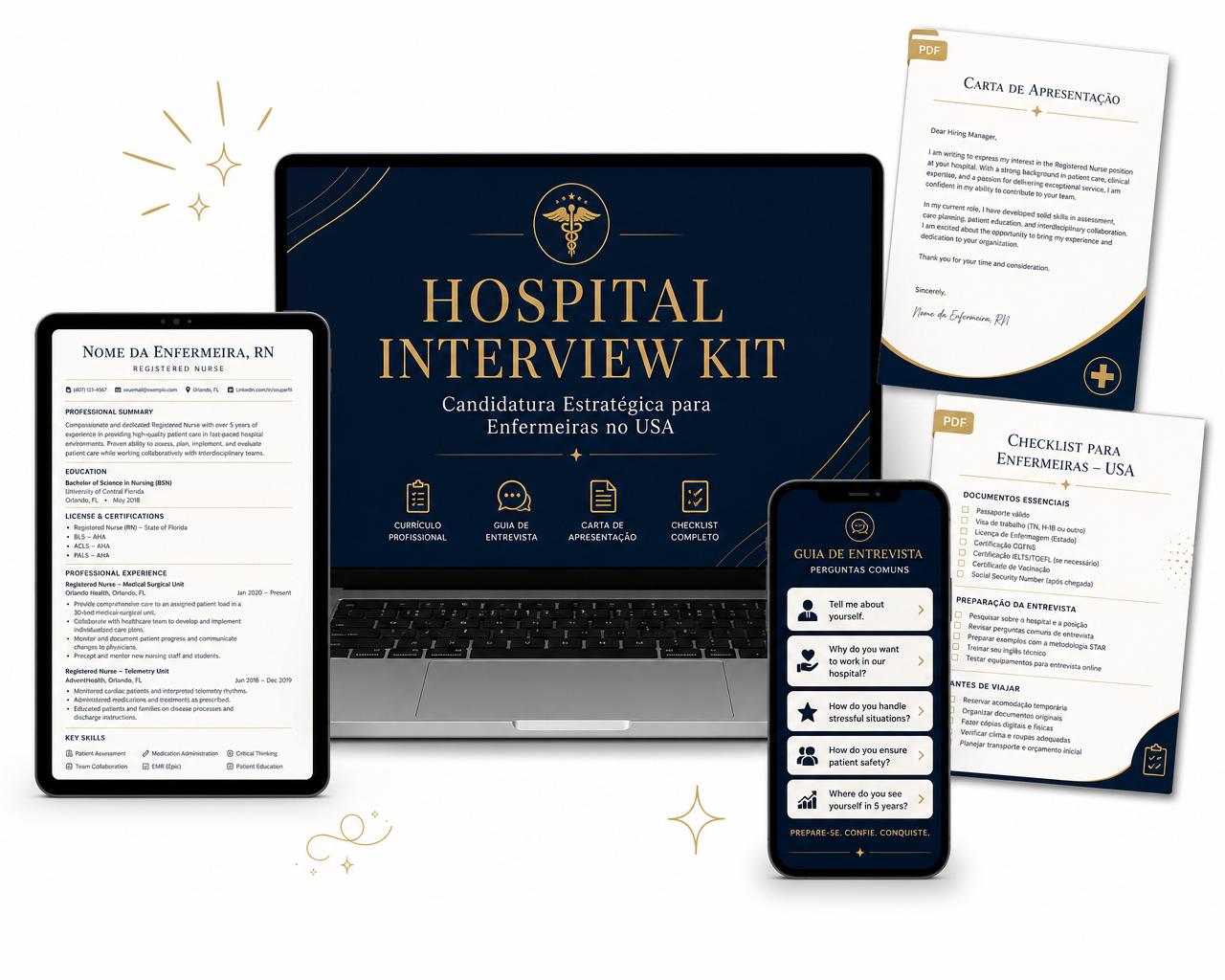 Hospital Interview Kit — laptop, tablet, celular e PDFs mostrando currículo, guia de entrevista, carta de apresentação e checklist